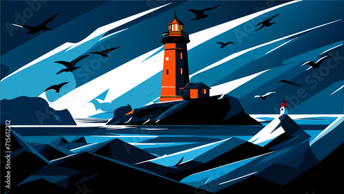 Lighthouse guiding ships in a storm. vektor illustation