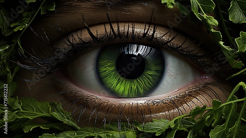 Green Eye with Focused Detail and Individual Eyelashes in Macro Photography. Floral concept. Generative AI 