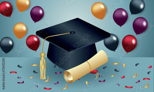 Congratulations on your graduation from school. Class of 2024. Graduation cap, confetti and balloons. Congratulatory banner. Academy of Education School of Learning