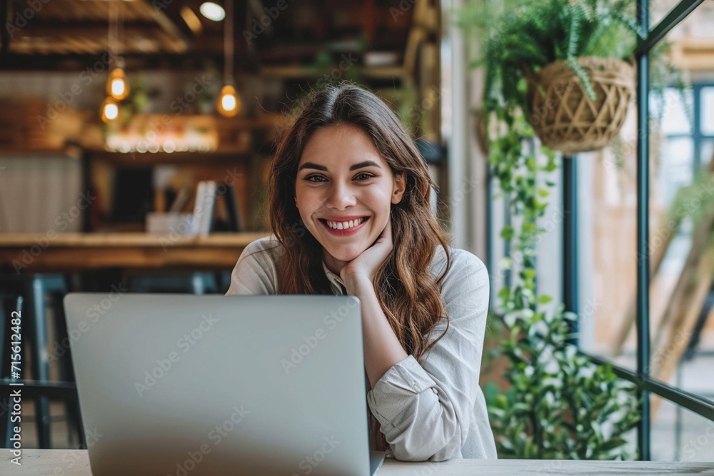 Young business woman working in laptop and smiling looking at camera Young business woman working in laptop and smiling looking at camera