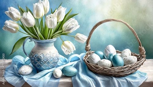 Niebiesko-białe wielkanocne tło z pisankami w koszyku i białymi tulipanami  © Monika