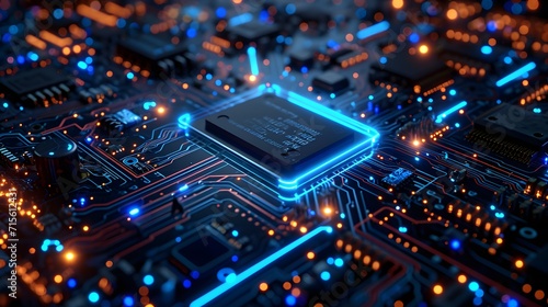 computer circuit board, a computer circuit board with a blue light shining on it's side and a blue light shining on the top of it photo