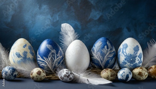 Easter background with white and blue Easter eggs and feathers