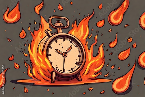 Burning watch, deadline, flaming clock, watch on fire. Cartoon style hand drawn vector illustration