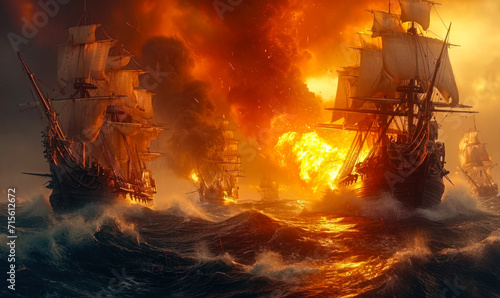 Dramatic maritime scene of tall ships engaged in a fierce battle on the high seas, with fiery explosions and turbulent ocean waves