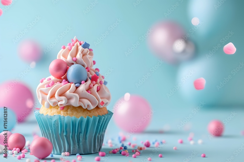 Joyful and whimsical cupcakes with frosting and playful candy toppings on a dreamy background Joyful and whimsical cupcakes with frosting and playful candy toppings on a dreamy background