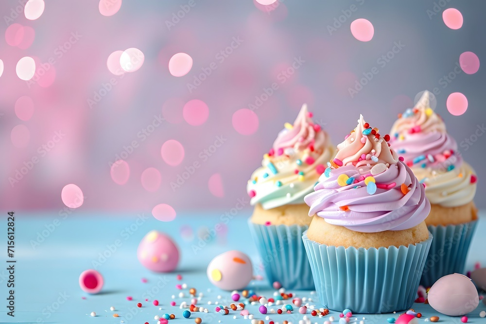 Joyful and whimsical cupcakes with frosting and playful candy toppings on a dreamy background Joyful and whimsical cupcakes with frosting and playful candy toppings on a dreamy background