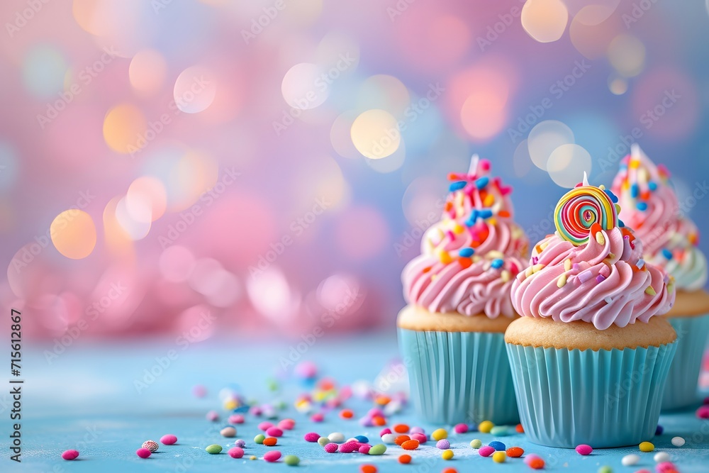 Joyful and whimsical cupcakes with frosting and playful candy toppings on a dreamy background