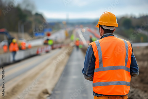 A Civil Engineer Overseeing Road Construction Work On An Expressway Project. Сoncept Road Construction Projects, Civil Engineering, Expressway Development, Infrastructure Development photo