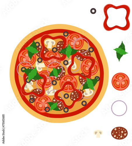 big round pizza with cheese tomato salami olive champignon onion stock vector illustration