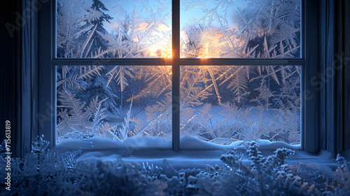Ice pattern on window glass with winter cabin background.