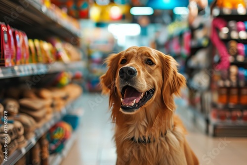A Joyful Dog Explores A Pet Supermarket Filled With Animal Accessories Standard. Сoncept Pet Grooming Tips, Diy Pet Toys, Shopping For Dog Supplies, Choosing The Perfect Collar