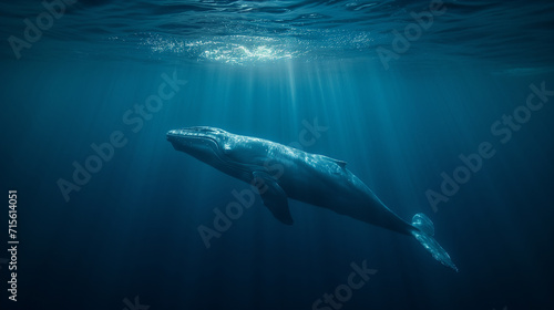 A blue whale swims alone in the deep ocean