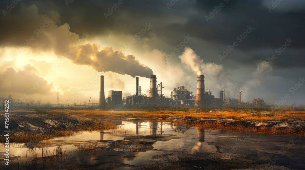 Chemical plant with chimney Smoke from factory chimneys at sunset, environmental issues and air pollution.