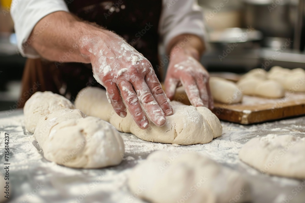 A Skilled Baker Meticulously Crafts And Shapes Dough For Artisan Bread. Сoncept Artisan Bread Making, Skilled Baker, Meticulous Dough Crafting, Bread Shaping, Culinary Artistry