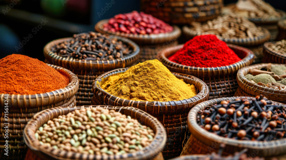 Assortment of Spices in Filled Baskets