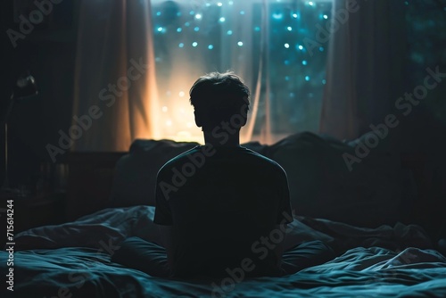 A Silhouette Of A Man Sits Alone On A Bed, Immersed In Darkness, Depicting Depression And Anxiety. Сoncept Silhouette Of Solitude, Darkness Within, Battling Mental Demons, Emotions In Shadows
