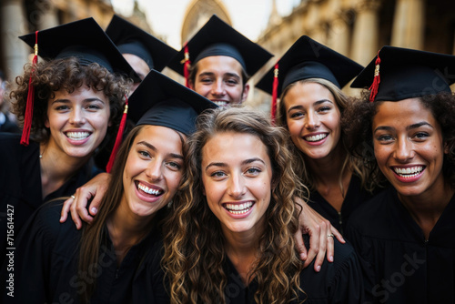 Generative AI illustration of group of diverse graduates smiling widely in their caps and gowns, celebrating their academic success together photo