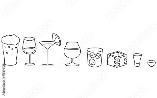 Sake to Western sake, cocktails, beer sets, simple line drawing illustrations