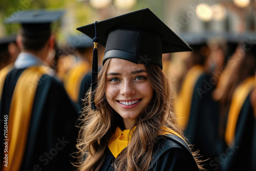 Generative AI illustration of confident young female graduate with a beaming smile, wearing a black cap and gown with a yellow stole photo