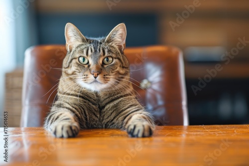A Whimsical Stock Photo Featuring A Confident Cat Leading A Lively Discussion. Сoncept Whimsical Cat, Confident Feline, Lively Discussion, Stock Photo, Playful Pose
