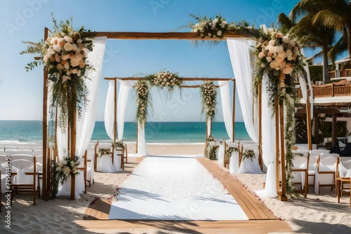 Seaside splendor  wooden arch embellished with flowers  a path to love s union