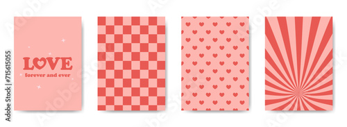 Groovy valentines day backgrounds in retro style set. Greeting card and cover templates collection photo