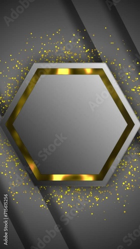Abstract white background with luxury golden elements. Golden hexagon ring over golden dust particle seamless loop motion gradient background.