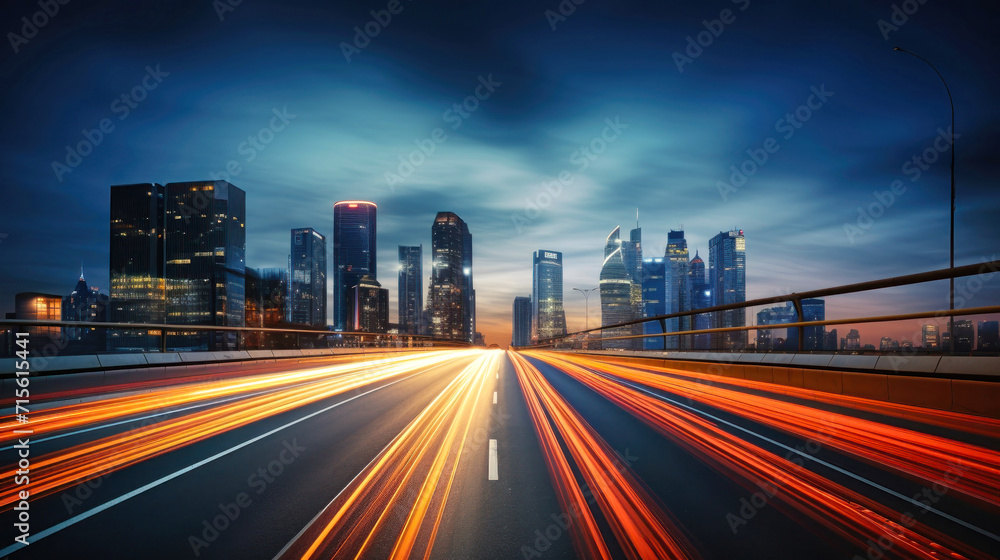 Highway With Bright Lights, Night Route With Blurred Car Lights - Long Exposure Photography