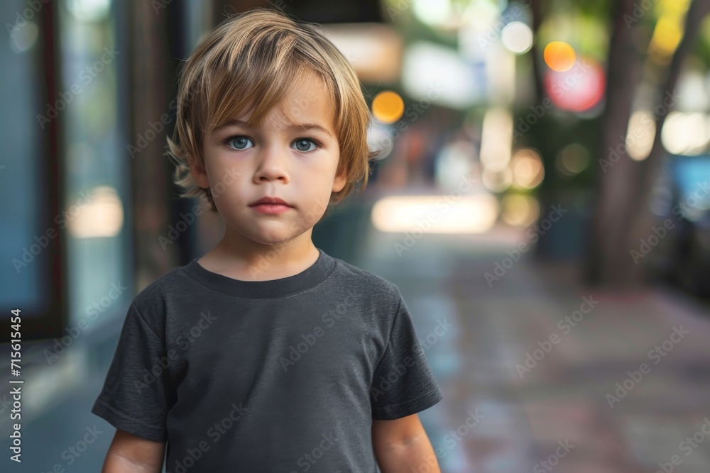 Mockup Of A Little Boy Wearing A Dark Gray T-Shirt On The Street Mockup Of A Little Boy Wearing A Dark Gray T-Shirt On The Street