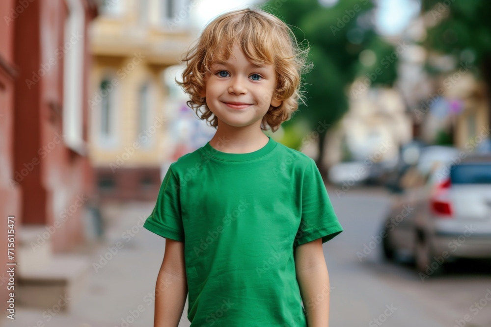 Little Boy In Green Tshirt On The Street, Mockup Little Boy In Green Tshirt On The Street, Mockup