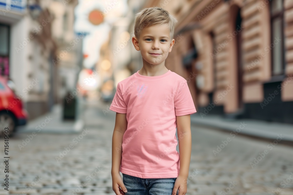 Little Boy In Pink Tshirt On The Street, Mockup Little Boy In Pink Tshirt On The Street, Mockup