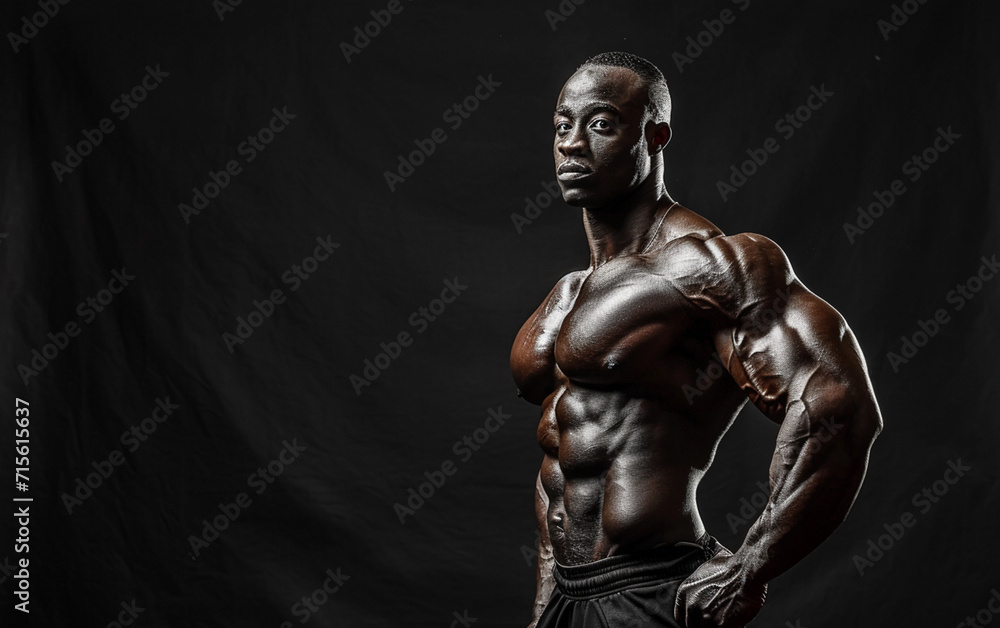 Bodybuilder in a pose on a black background, ai technology