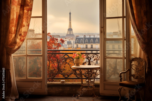 Vintage classic French apartment window with a view on Paris and the Eiffel tower in autumn