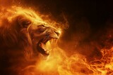 Background With Roaring Lion Surrounded By Fiery Flames. Сoncept Into The Wild, Nature's Majesty, Fiery Beauty, Roaring Power