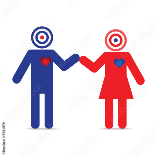 Silhouettes of a man and a woman with target symbol instead of head