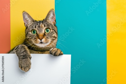 Cat Holding White Banner On Colorful Background