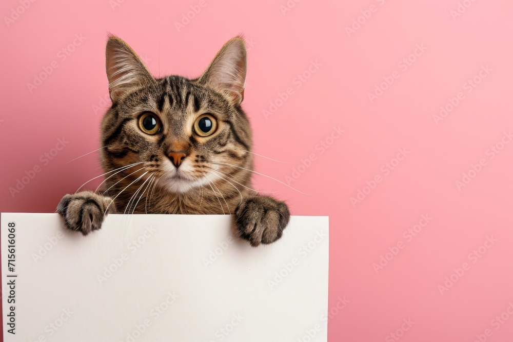 Cat Proudly Displaying A White Banner Against A Pink Background Cat Proudly Displaying A White Banner Against A Pink Background