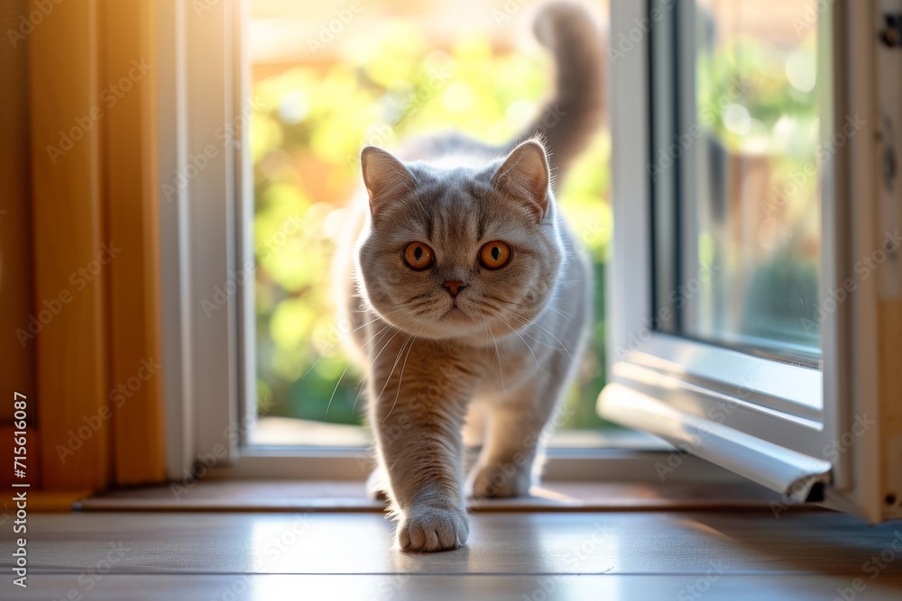 Playful British Shorthair Cat Delights In Entering Through Sunlit Window Catflap. Сoncept Adventures In The Great Outdoors, Exploring Nature Trails, Capturing The Beauty Of Sunsets