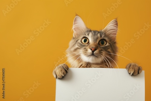 Cat Holding White Banner On Orange Background