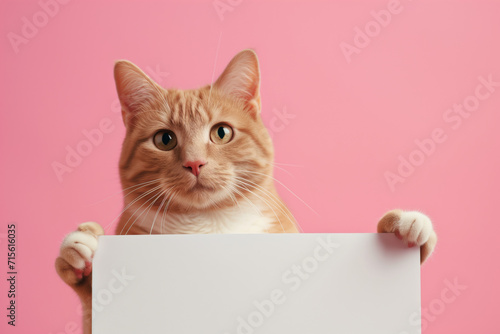Cat Holding White Banner On Pink Background