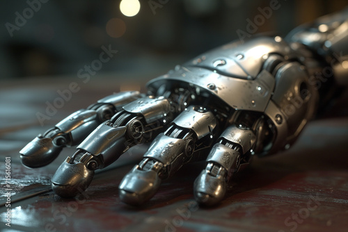 Detailed metallic robot hand on a surface. Generative AI image photo