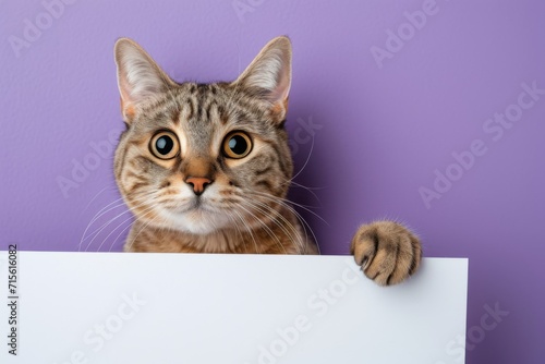 Cat Holding White Banner On Purple Background