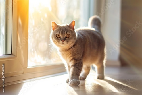 British Shorthair Cat Strolls Into Sunlit Room, Elegantly Using Window Catflap. Сoncept Sleepy Kittens Napping In Sunbeams, Playful Puppies Chasing Tails, Majestic Horses Galloping In Fields