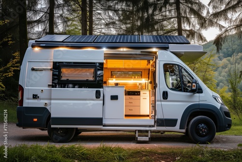 Eco-Friendly Camper Van: Harnessing Solar Panels And Modern Technology For Sustainable Travel. Сoncept Sustainable Travel, Solar-Powered Camper Van, Eco-Friendly Adventure, Green Road Trip