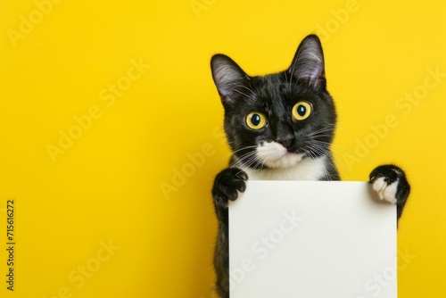 Cat Displaying A White Banner Against A Yellow Background