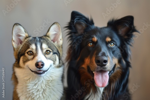 Cheerful Border Collie And Striped Tabby Cat Pose Side By Side. Сoncept Pet Photography, Animal Companions, Striped Tabby Cat, Border Collie, Side By Side Poses
