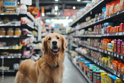 Cheerful Dog Explores A Pet Supermarket With A Plethora Of Items. Сoncept Adorable Pet Moments, Shopping With Pets, Exploring Pet Stores, Funny Animal Encounters, Pet Supermarket Adventures