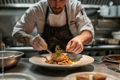 Chef Expertly Crafts Gourmet Dish In Upscale Restaurant Kitchen Standard. Сoncept Fine Dining Experience, Culinary Excellence, Gourmet Cuisine, Upscale Restaurant, Chef's Special