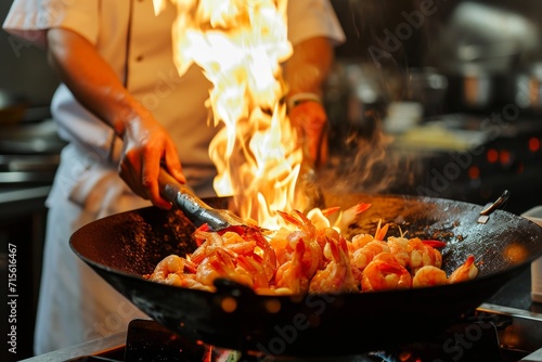 Chef Expertly Flames Prawns In A Sizzling Wok, Showcasing Culinary Skills. Сoncept Fine Dining Experience, Gourmet Cuisine, Artistic Food Presentation, Exquisite Culinary Creations